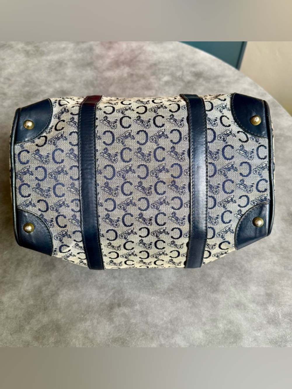 Celine Vintage Navy Leather Trim Monogram Satchel with Navy Blue Leather Lining - Picture 9 of 16